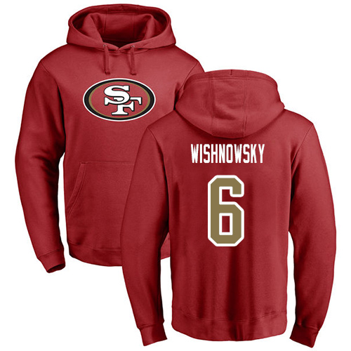 Men San Francisco 49ers Red Mitch Wishnowsky Name and Number Logo 6 Pullover NFL Hoodie Sweatshirts